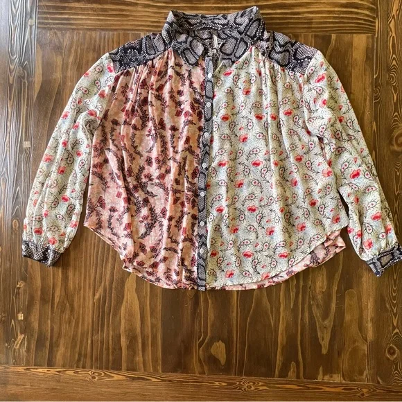 Free People Dani Sheer Boho Festival Floral Paisley Animal Print Button Blouse S - Picture 3 of 9